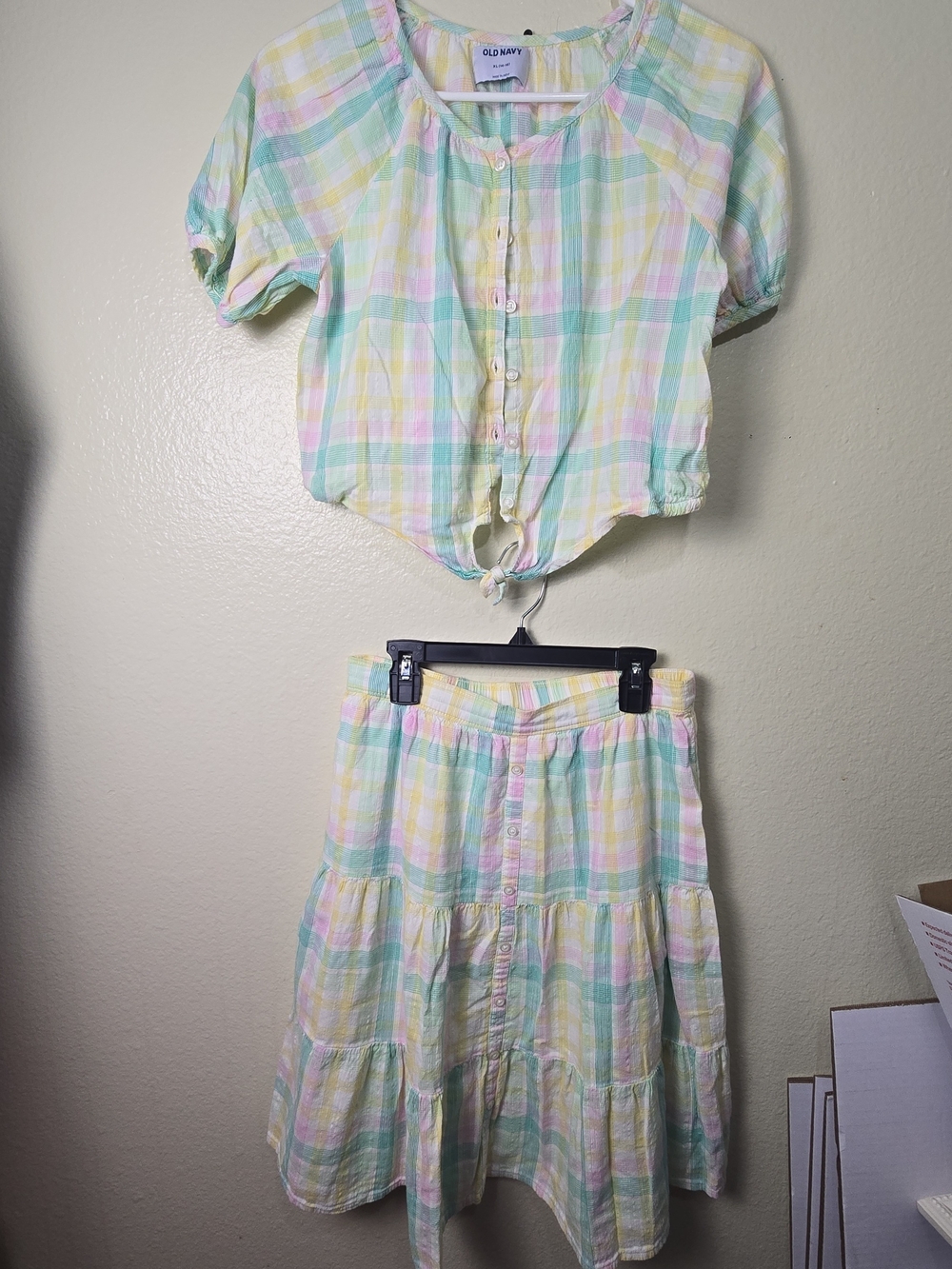 Old Navy Pastel Plaid Button Front Top & Skirt Set